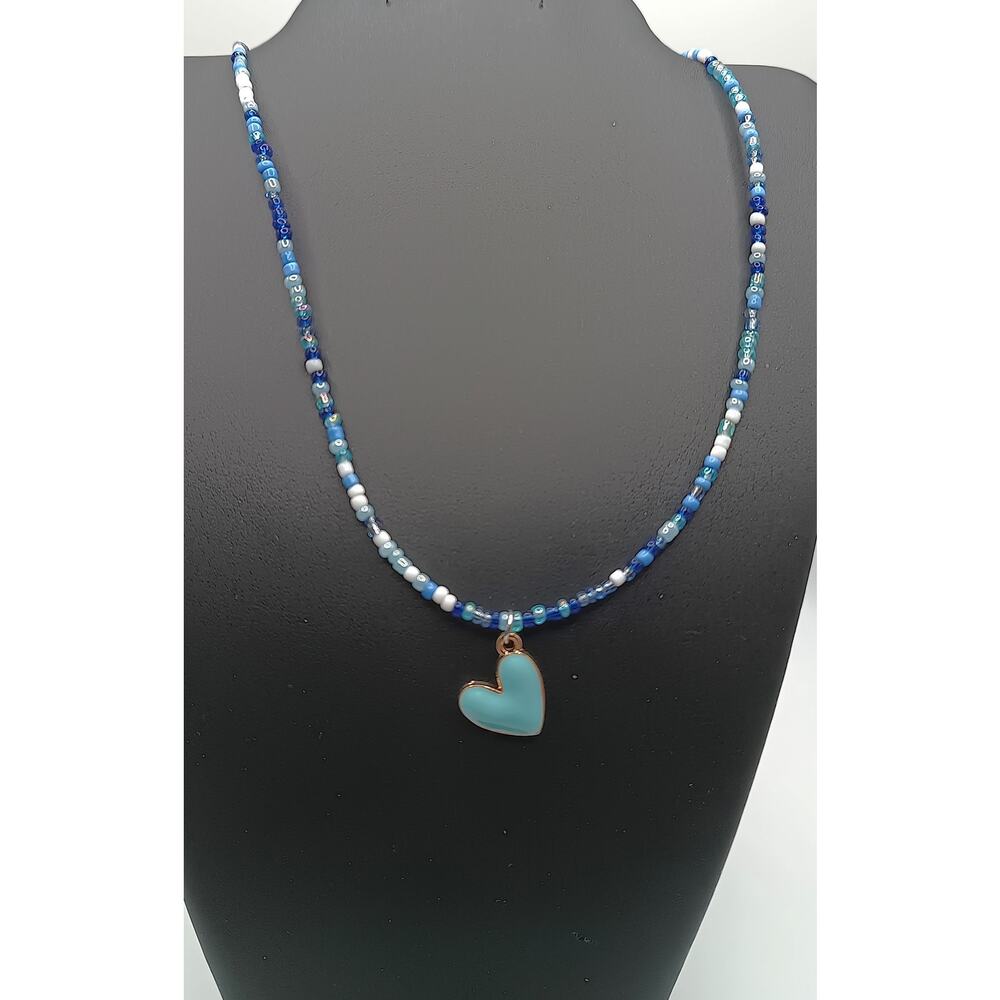 Blue Beaded Heart Necklace Adjustable 16-19" Cute Minimal